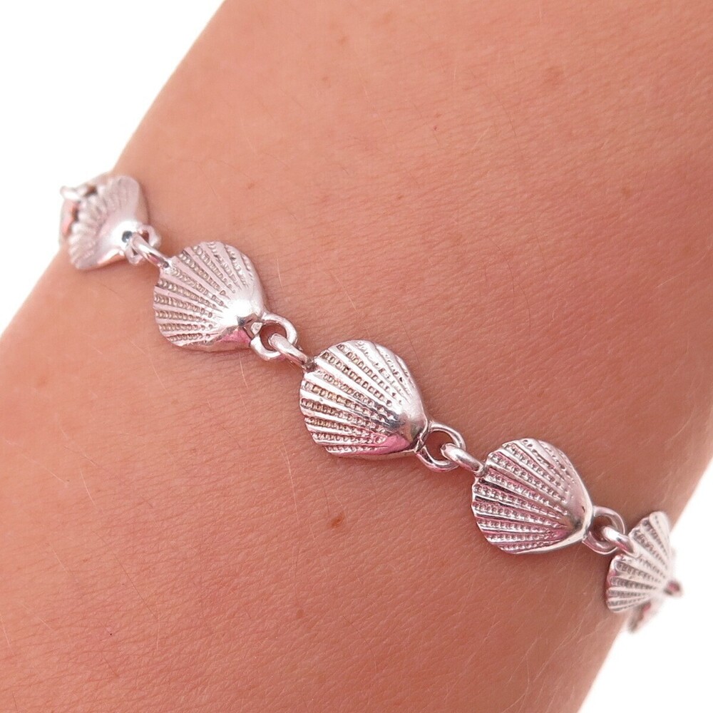 925 Sterling Silver Vintage Seashell Link Bracelet 7.5"